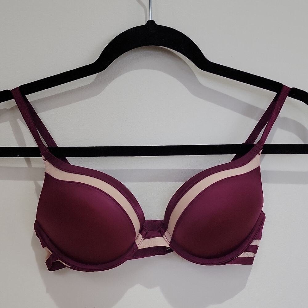 Victoria's Secret Bombshell Plunge Push Up Bra Maroon with Beige Mesh 32B